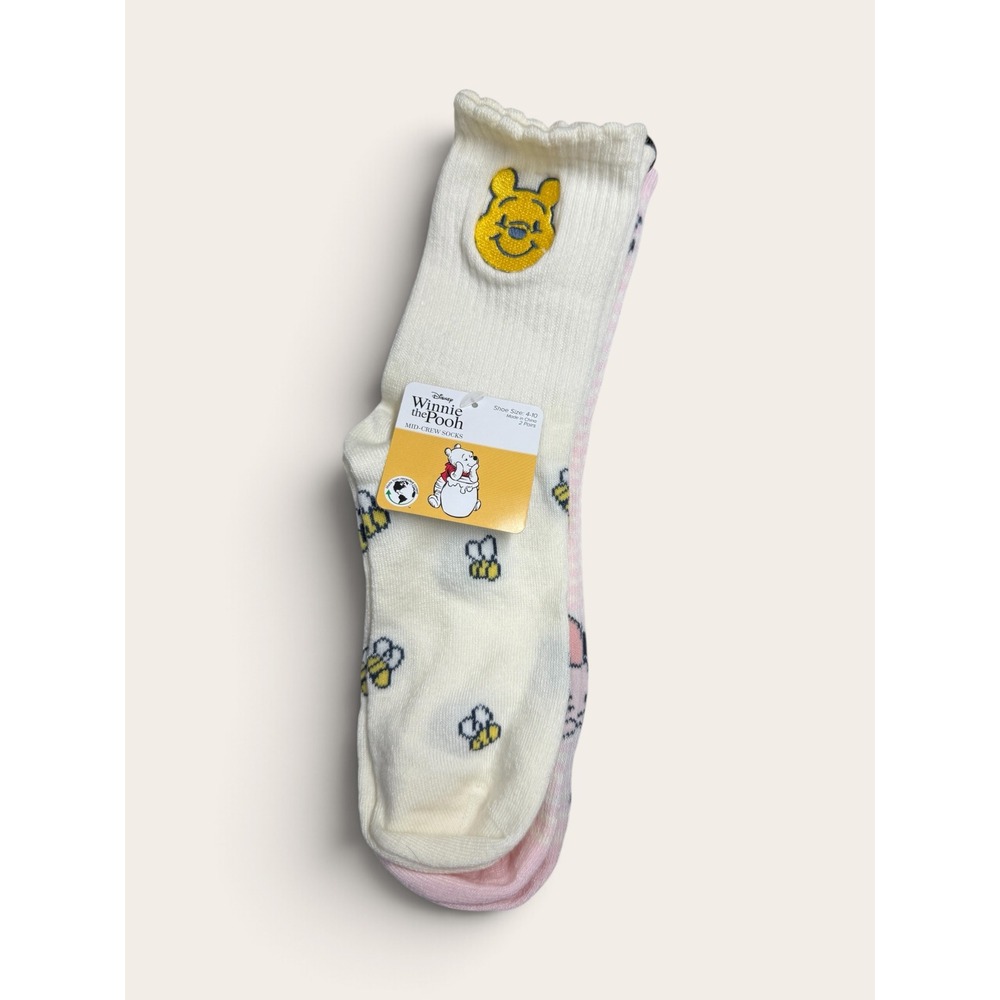 Disney Winnie the Pooh Piglet Mid-Crew Socks 2 Pair Set White Pink Size 4-10